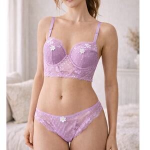 Victoria’s Secret Dream Angels Coquette Lace Bra 34C & Panty Set Sheer Lavender